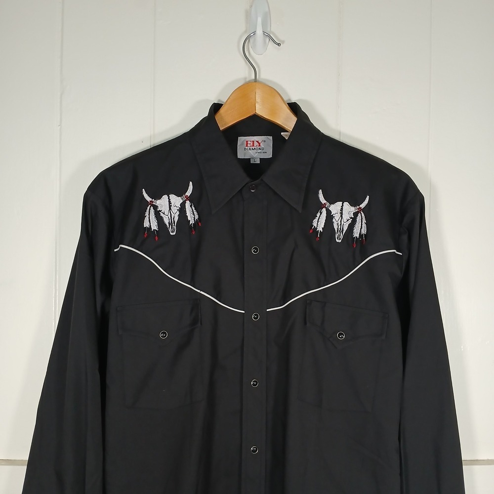 Ely Diamond Steer Skull Embroidered Pearl Snap Western Shirt Mens Large Black
